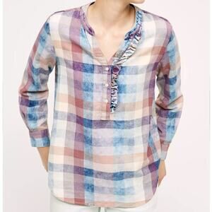 Anthropologie Isabella Sinclair 100% Cotton Plaid‎ Ruffle Henley Tunic Top XS
